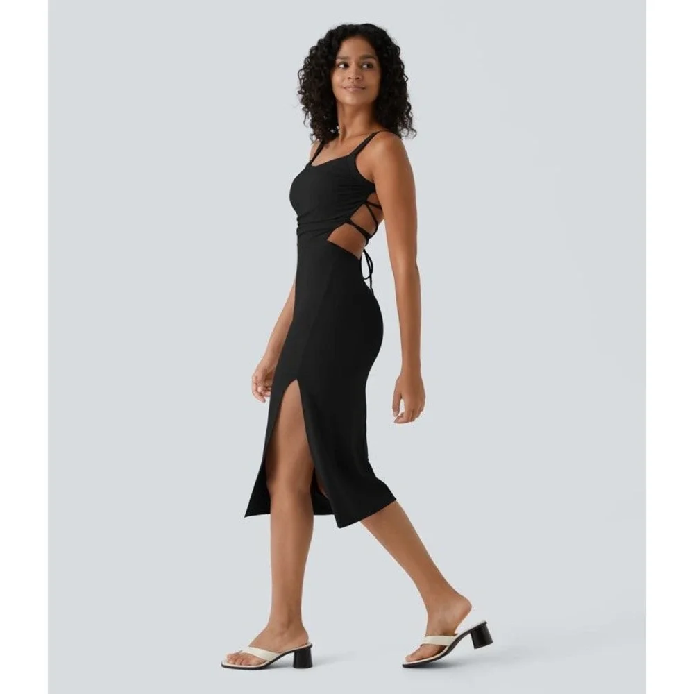 Halara Ruched Lace Up Bodycon Midi Dress Small Black NWT Side Slit Open Back